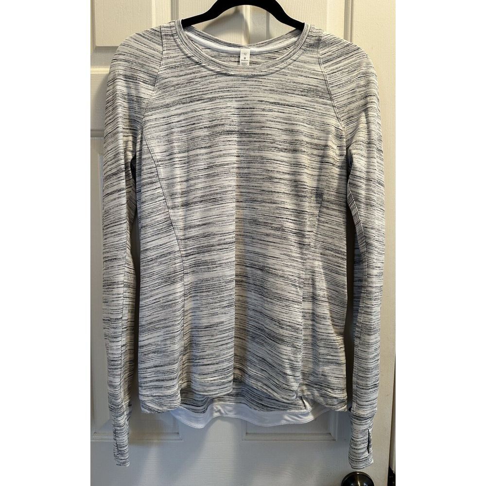Lululemon Runderful LS Shirt, Silver/Wht Stretch Run Gym Zippered Pocket 12